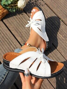 White Slip-On Women’s Wedge Sandals with Bow Accent